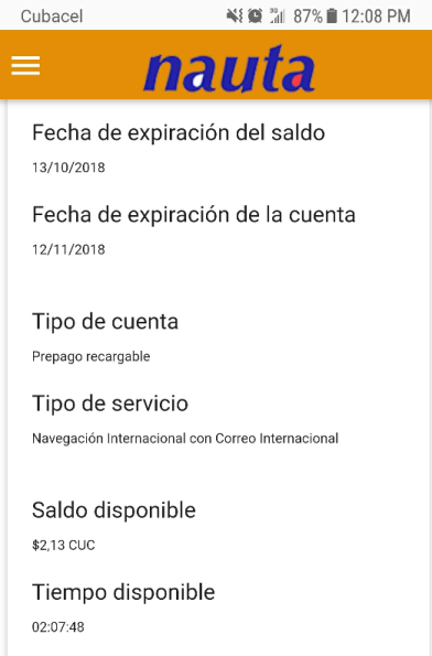 Captura de pantalla del Portal de Usuario Nauta