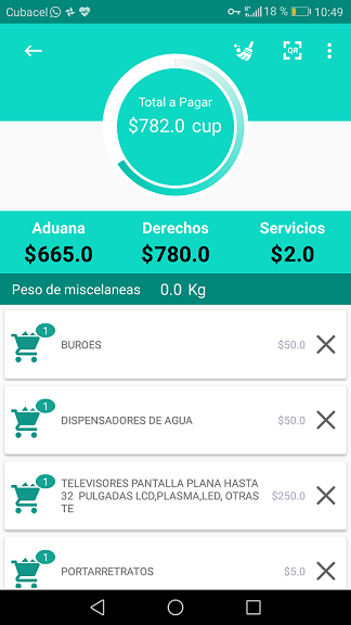 Captura de pantalla del cálculo de impuestos en la app Pre Despacho