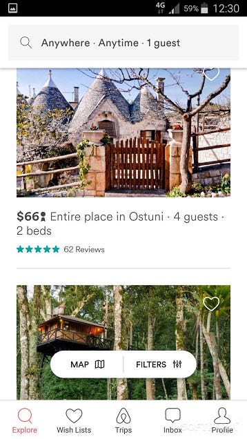 Captura de pantalla de Airbnb para buscar alojamiento