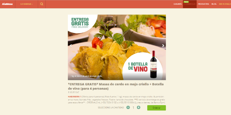 Captura de pantalla del sitio de AlaMesa