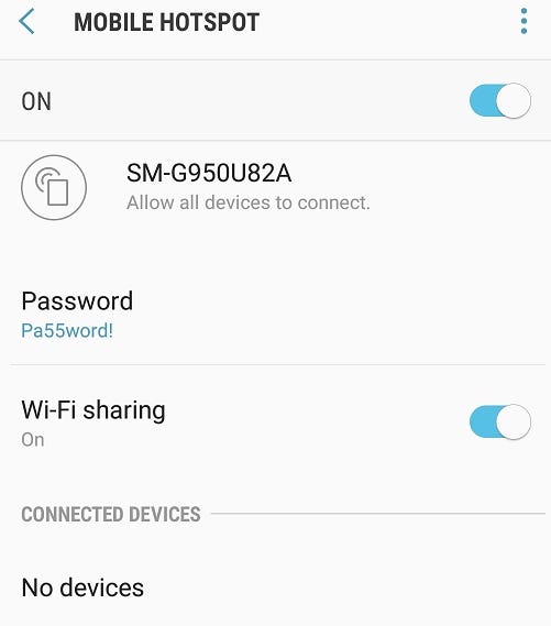 Captura de pantalla de configuración de hotspot en Android