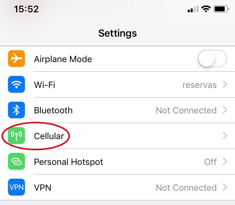 Captura de pantalla de datos celulares en iOS