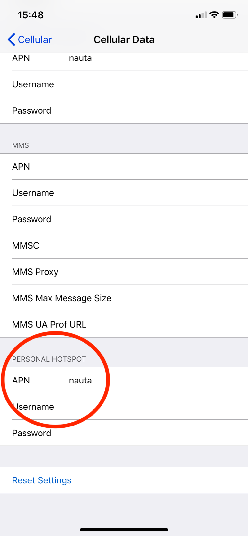 Captura de pantalla de configuración de hotspot personal en iOS