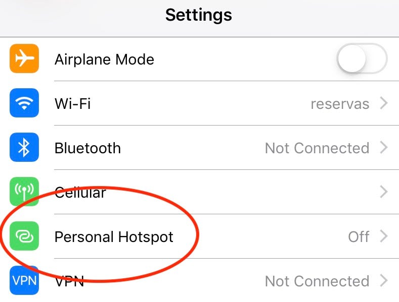 Captura de pantalla para activar el hotspot personal en iOS