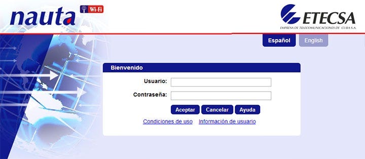 Captura de pantalla de inicio de sesión a Internet en Nauta