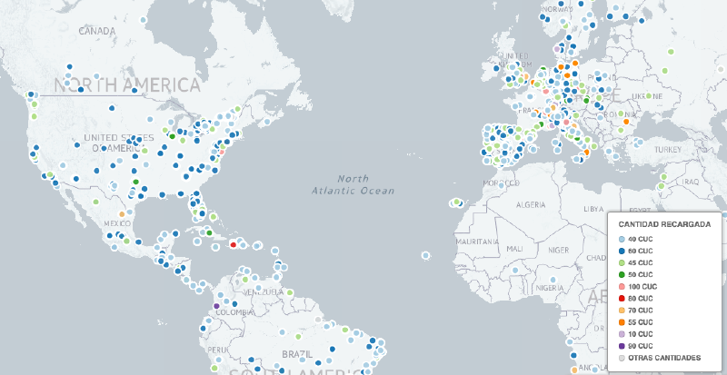 Origen de las recargas a celulares en Cuba por cantidad enviada (en CUC). Ver mapa ampliado