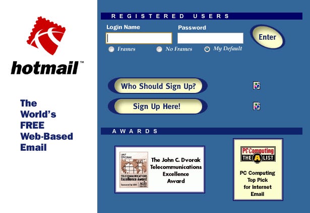 Pantalla para registrarse en HoTMaiL, el primer email de uso masivo.