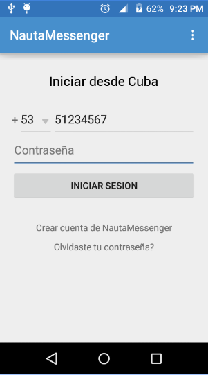 Pantalla de autentificación de Nauta Messenger