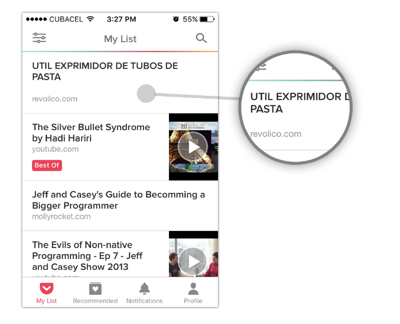 Interfaz de Pocket, donde vas almacenando artículos para leer offline