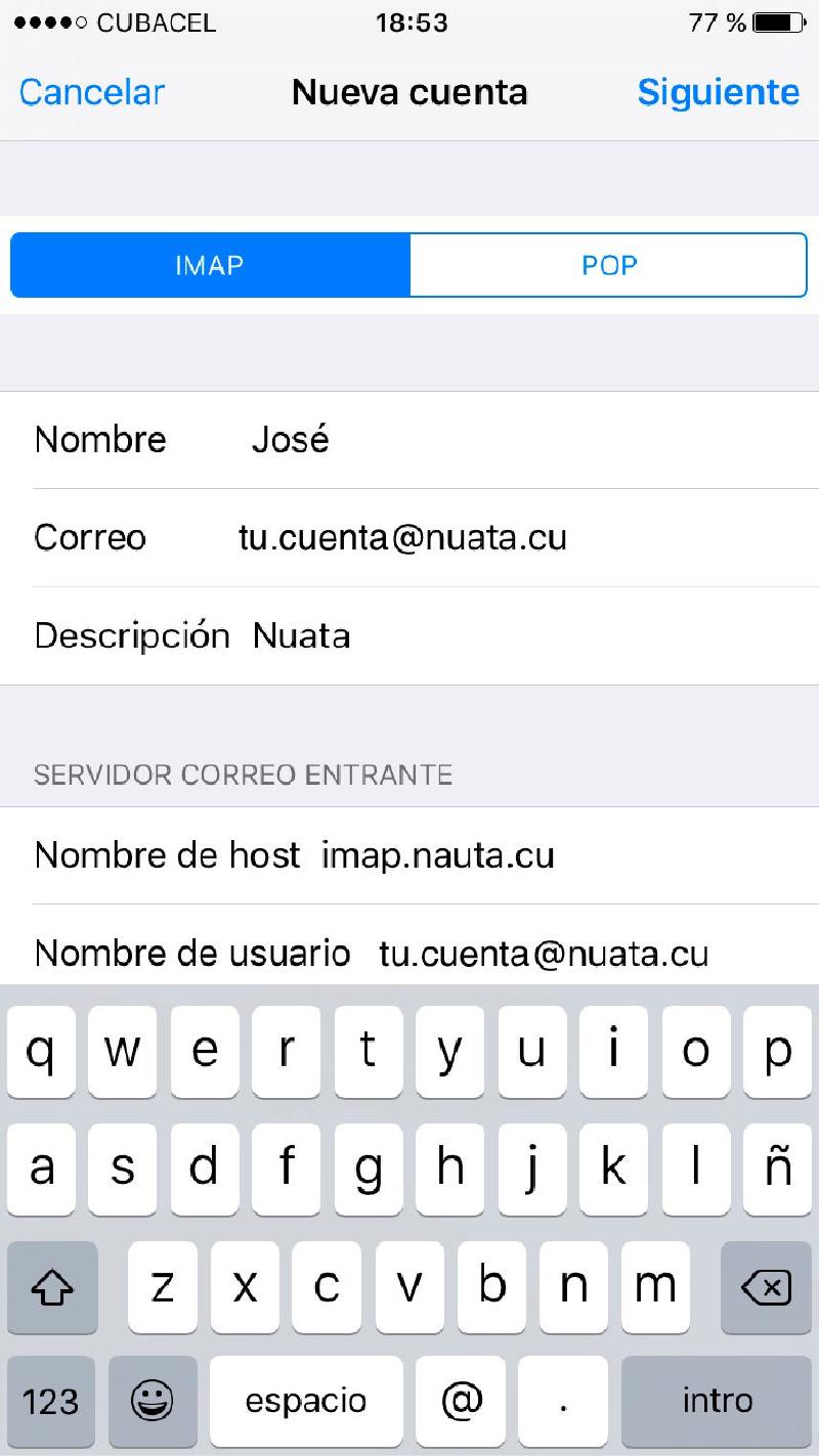 Captura de pantalla de Pasos para configurar una cuenta Nauta en iOS