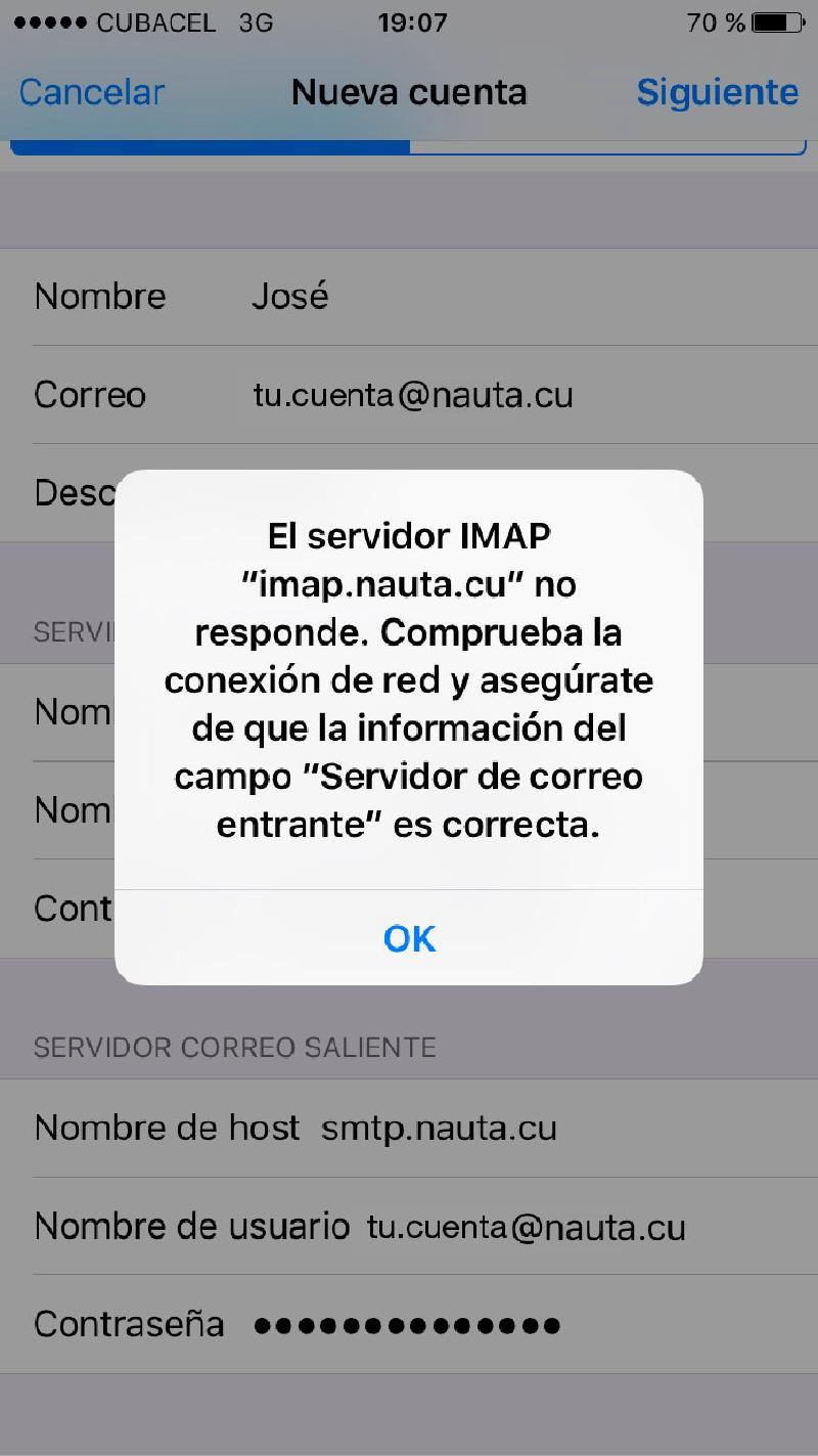 Captura de pantalla de Pasos para configurar una cuenta Nauta en iOS