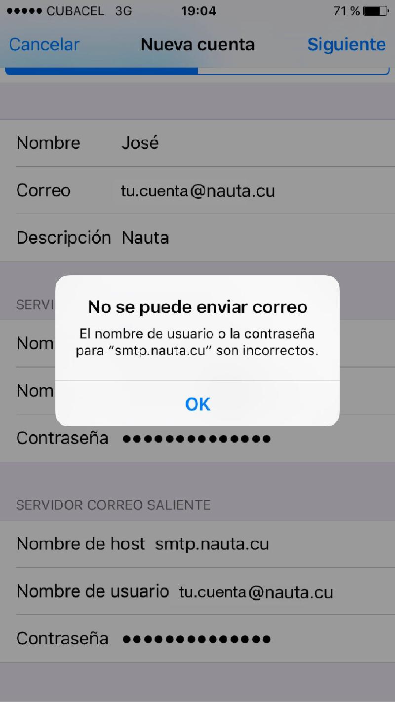 Captura de pantalla de Pasos para configurar una cuenta Nauta en iOS