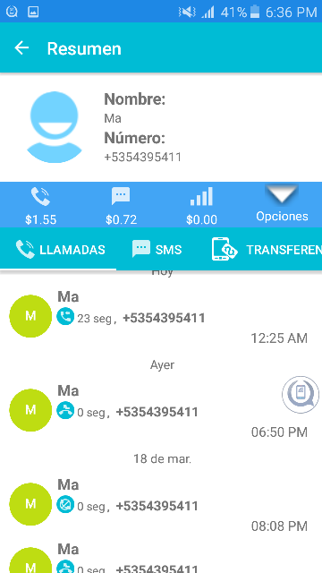 Resumen de un contacto en la aplicación