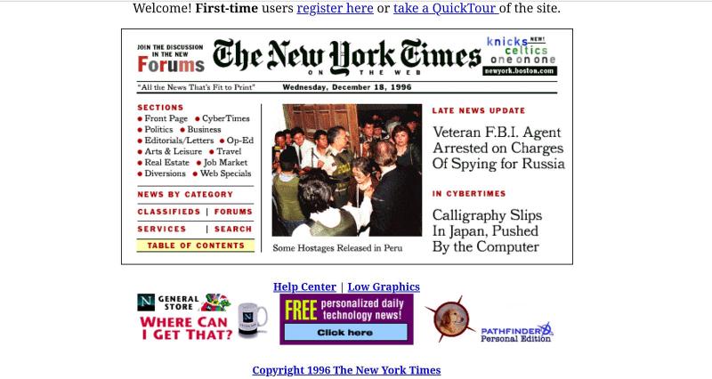 Captura de pantalla del antiguo sitio web de The New York Times