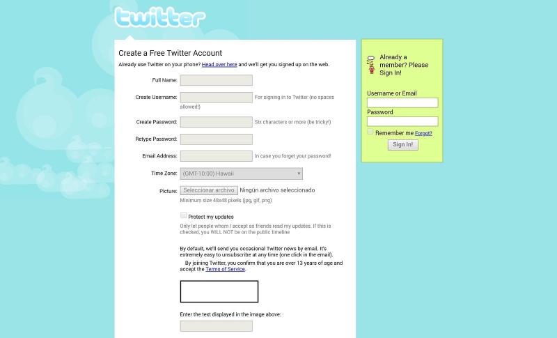 Captura de pantalla del antiguo sitio web de Twitter