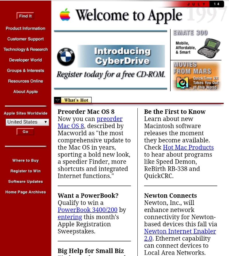 Captura de pantalla del antiguo sitio web de Apple