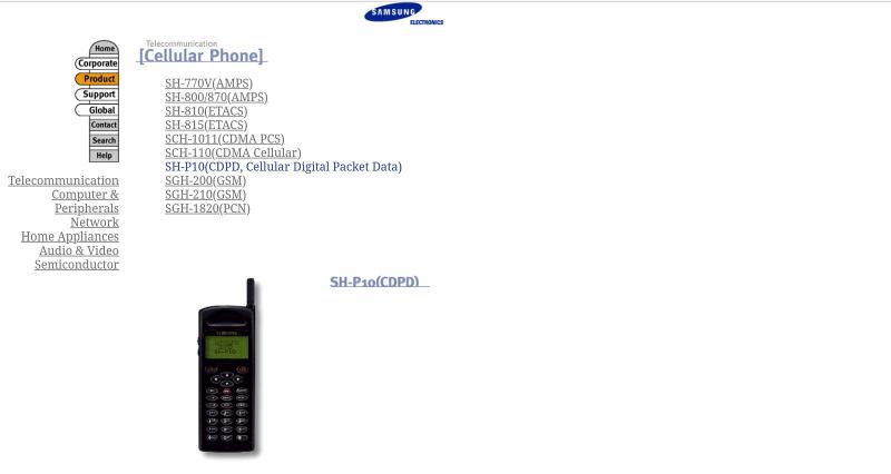 Captura de pantalla del antiguo sitio web de Samsung