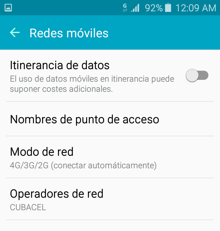 Pantalla de ajustes de redes móviles para configurar Nauta
