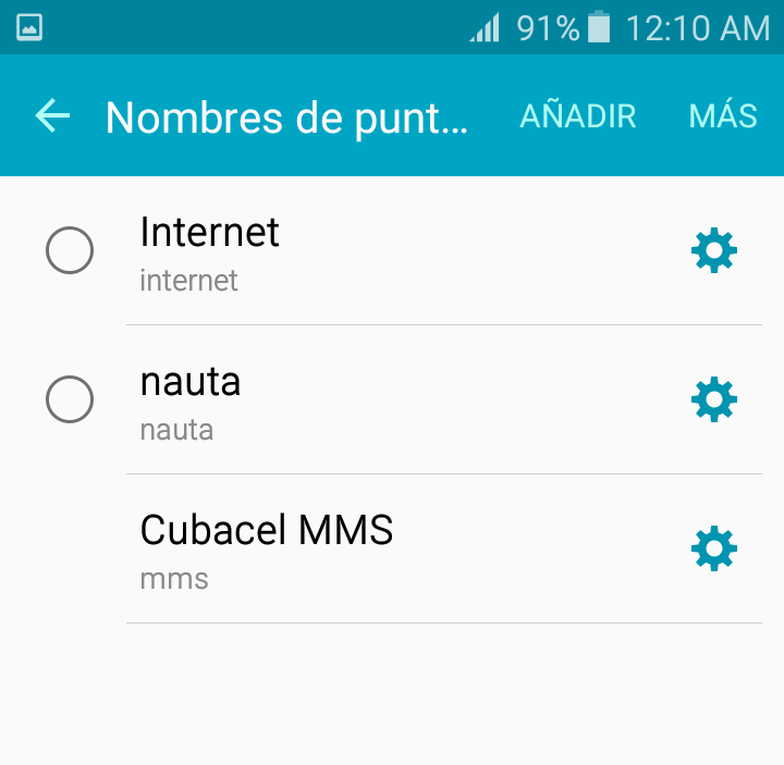 Pantalla de APN para añadir la cuenta Nauta