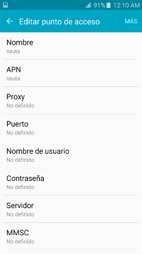 Pantalla de modo de red en Android para usar correo Nauta