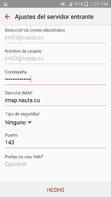 Pantalla de configuración del servidor POP3 de Nauta