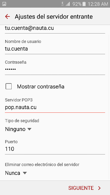 Pantalla de configuración de puertos del correo Nauta