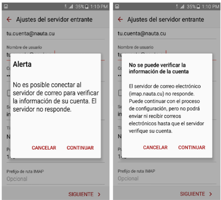 Aviso de servidor Nauta que no responde