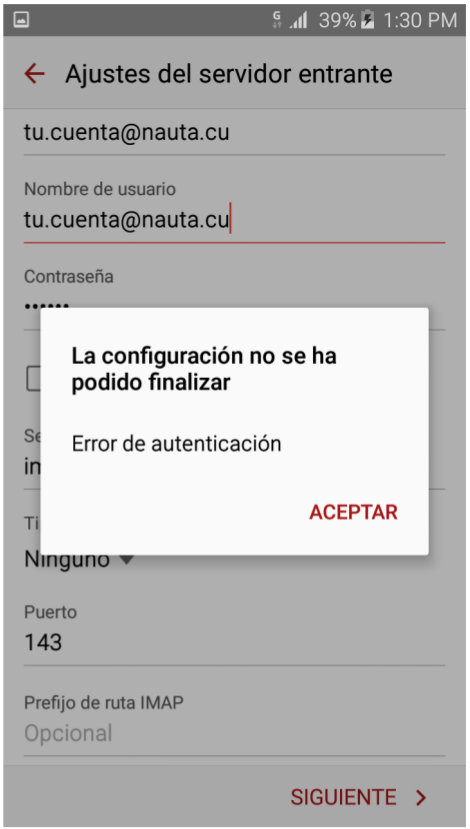 Aviso de error al configurar el correo Nauta