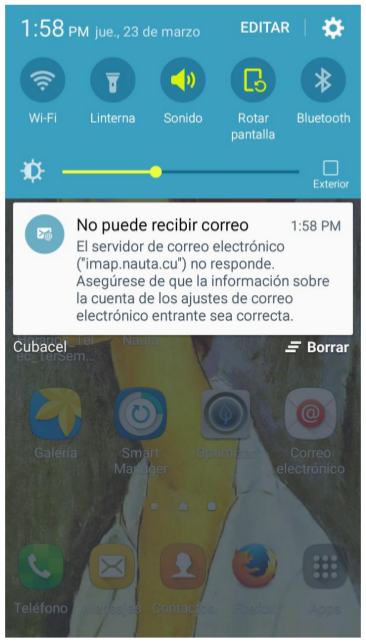Notificación de error en la configuración del correo Nauta